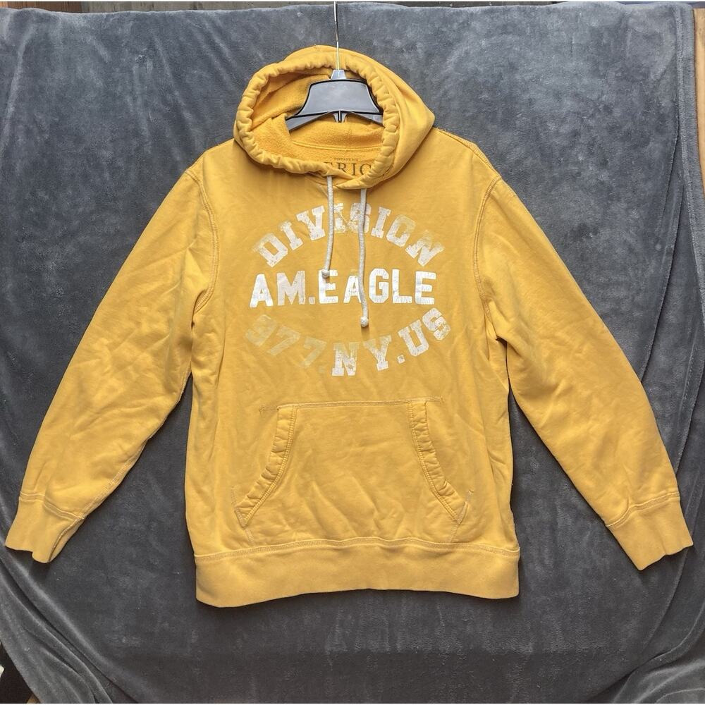 Y2K American Eagle VTG Fit Mustard Yellow Hoodie Mens L Varsity Graphic Grunge